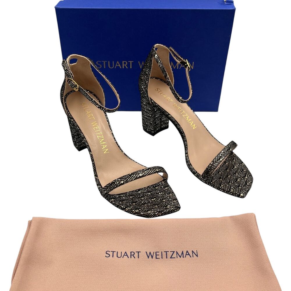 Stuart Weitzman Amelina Ankle Strap Block Heel Sandals Gold Glitter Black Sz 8.5